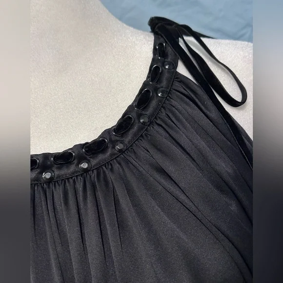 E2 Black Babydoll Midi Dress w/ Studded Detail 100% Soft Satin Silk NWT Size 12 - Picture 5 of 8